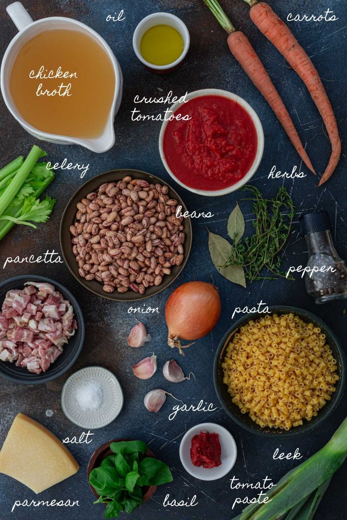Ingredientes para a sopa de macarrão e feijão.