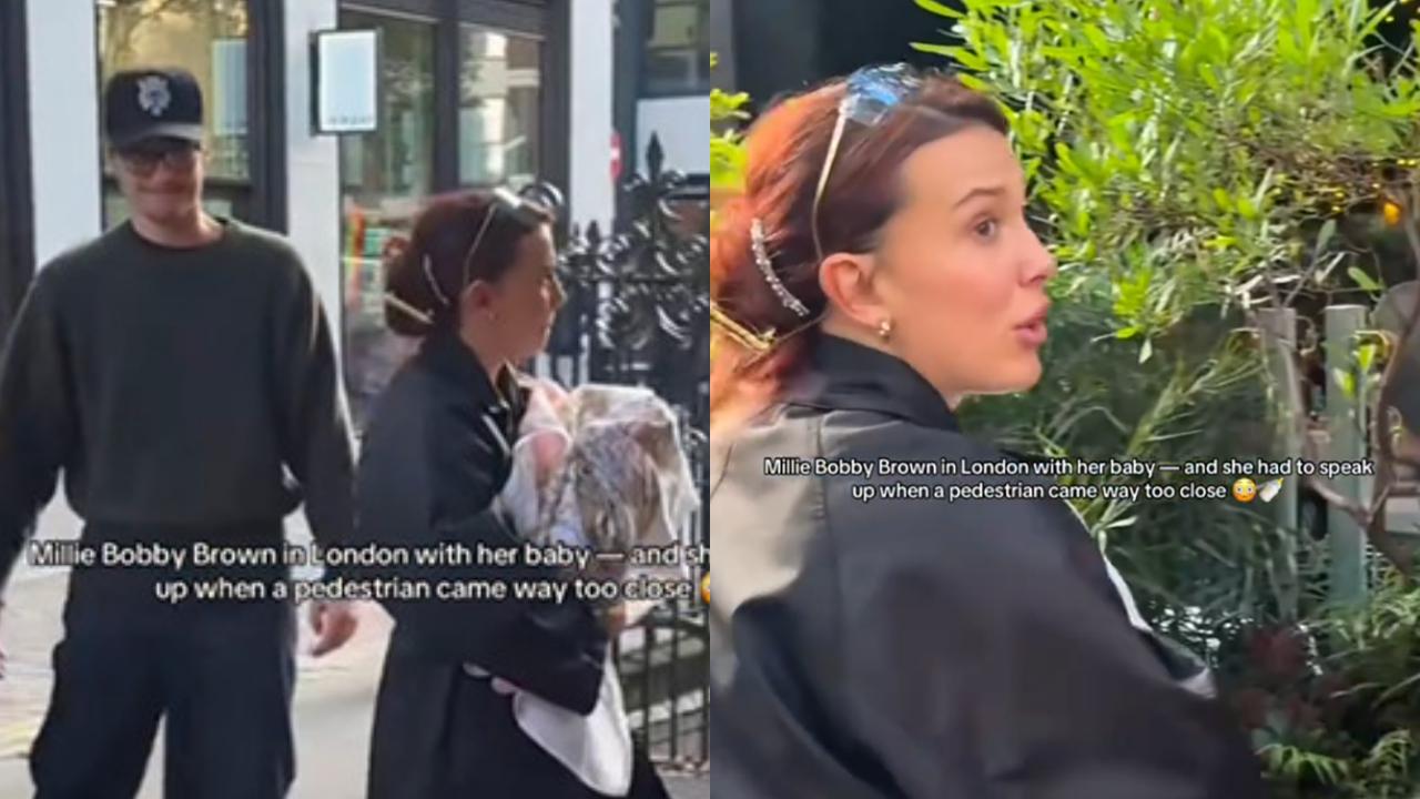 O vídeo de Millie Bobby Brown é cercado por fotógrafos ao divulgar a posição do marido e atriz da at...